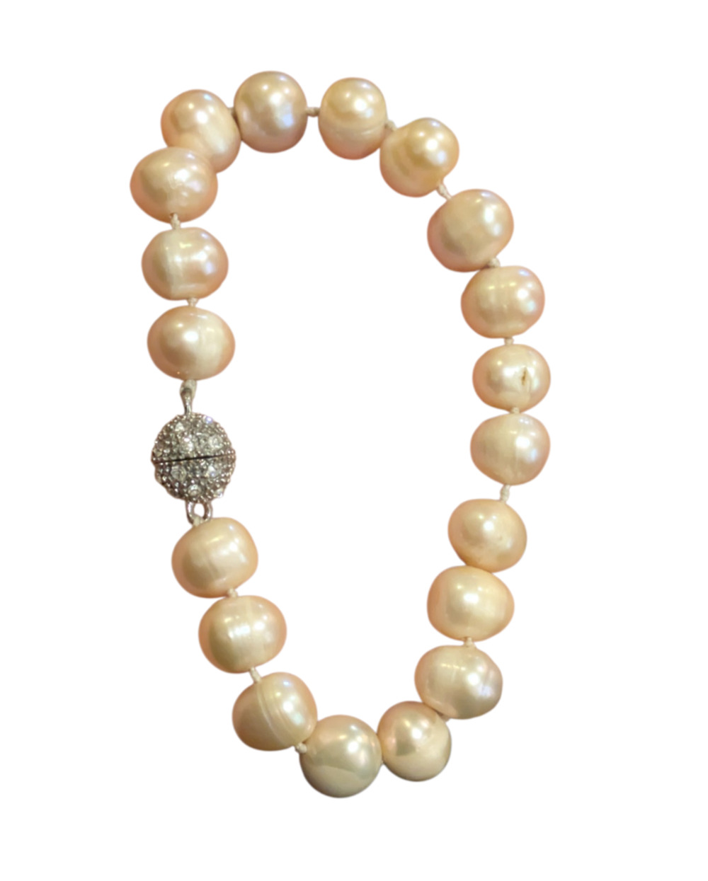 Pink Freshwater Cultured Pearl Bracelet 7 Inch Rhinestone Ball Clasp